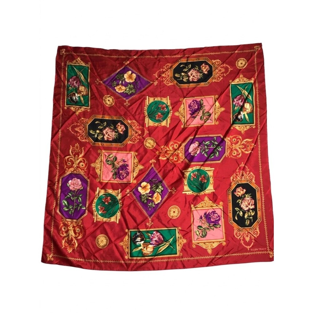 Vintage Ellen Tracy 100% Silk Scarf Ornate Floral Medallion Grandmacore 34”